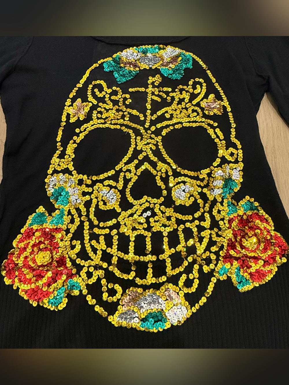 Rare vtg JOYSTICK by Johnny Was y2k black sequin sugar skull silk blend sweater - Picture 3 of 10
